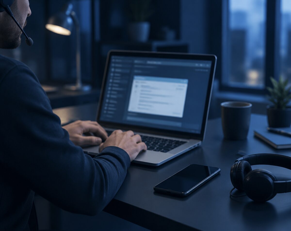 Remote support engineer working at a laptop with a headset
